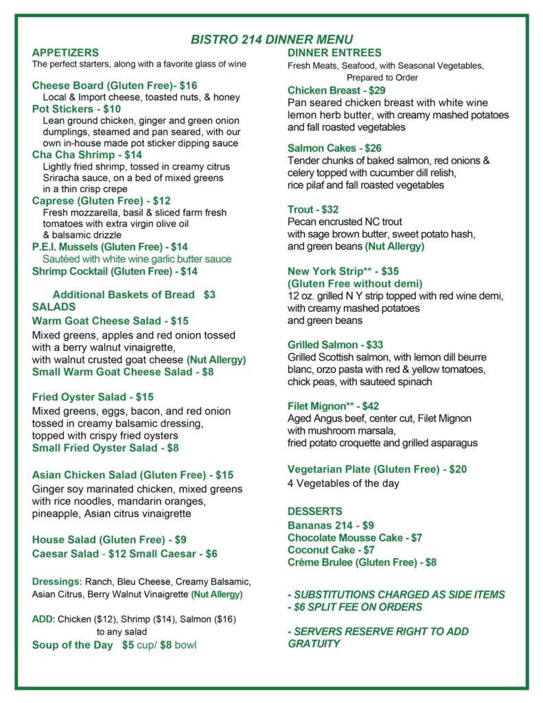 Menu for Bistro 214 restaurant in Shelby, NC